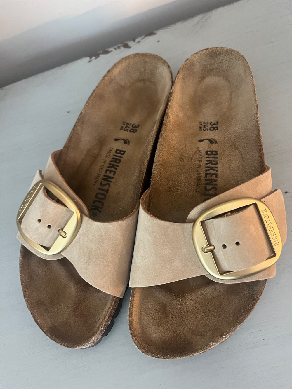 Birkenstock Women’s Madrid Suede Slide Sandals in Beige with Gold Buckles